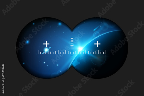 Creative vector illustration of binoculars view with signs isolated on transparent background. Art design. Virtual reality glasses sight. Abstract graphic element. Blur frame border. Rifle scope aim