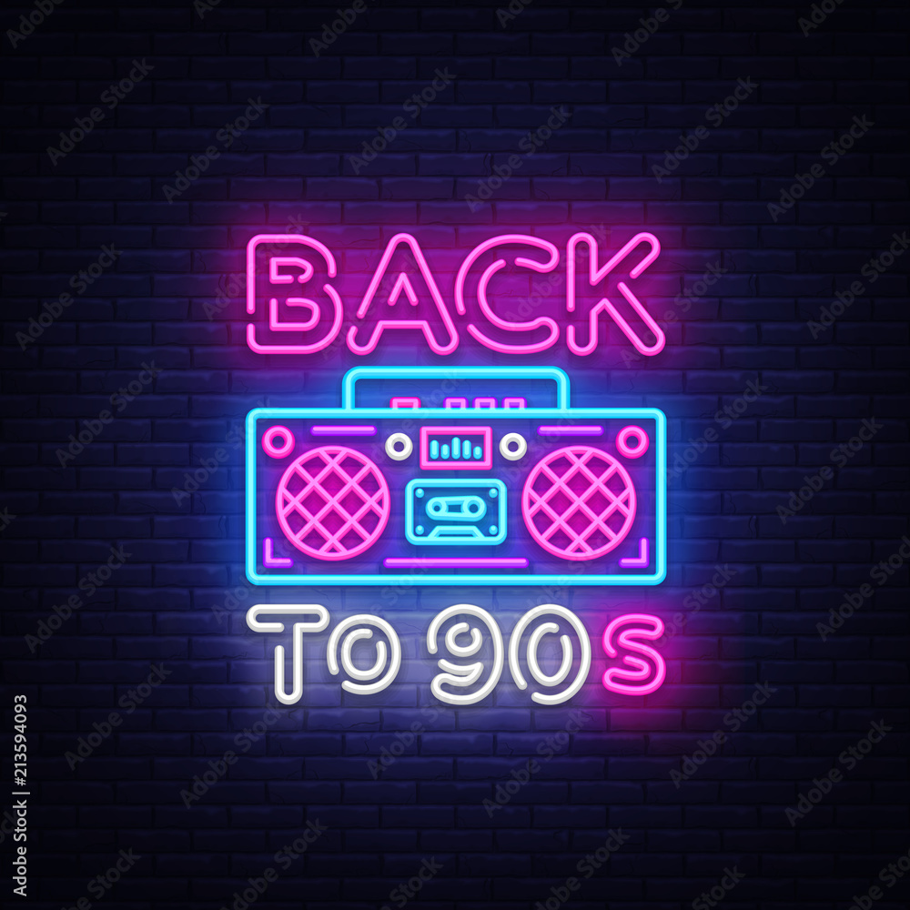 Back to 90s neon poster, card or invitation, design template. Retro tape  recorder neon sign, light banner. Back to the 90s. Vector illustration in  trendy 80s-90s neon style Stock Vector