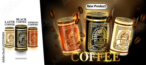 Tin can and label of coffee beans with lighting background