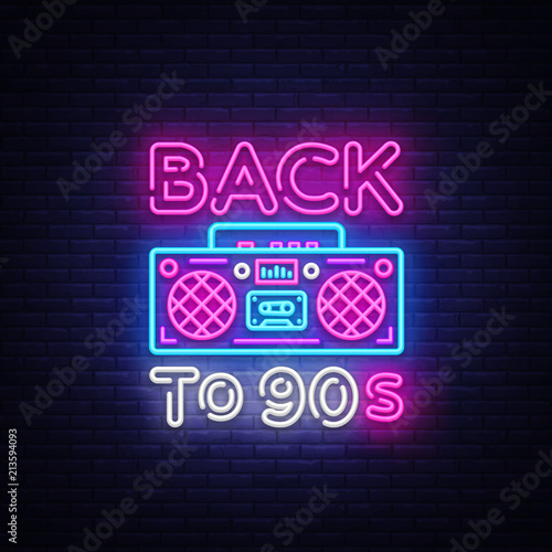 Back to 90s neon poster, card or invitation, design template. Retro tape recorder neon sign, light banner. Back to the 90s. Vector illustration in trendy 80s-90s neon style