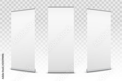 Creative vector illustration of empty roll up banners with paper canvas texture isolated on transparent background. Art design blank template mockup. Concept graphic promotional presentation element