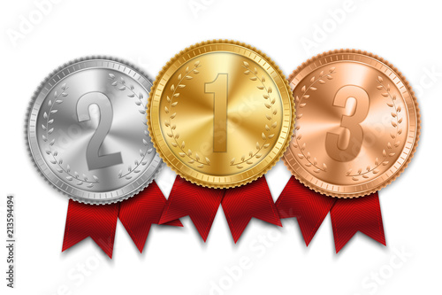 Creative vector illustration of realistic gold, silver and bronze medal set on colorful ribbon isolated on transparent background. Art design placement in sport competition contest. Graphic element