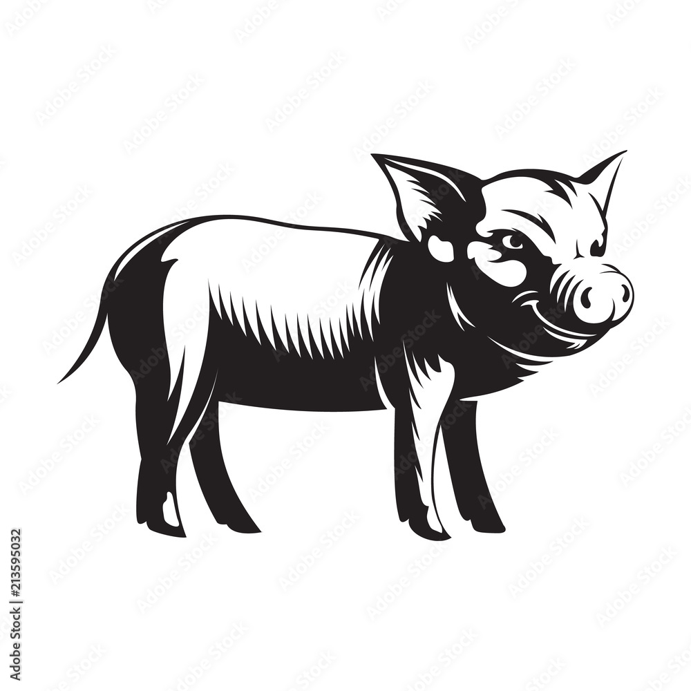 Pork or pig silhouette vintage logo design template on white background - Hand drawn vector illustration in retro style. Black emblem or symbol of the 2019 year. Can be used on t-shirts, web or print