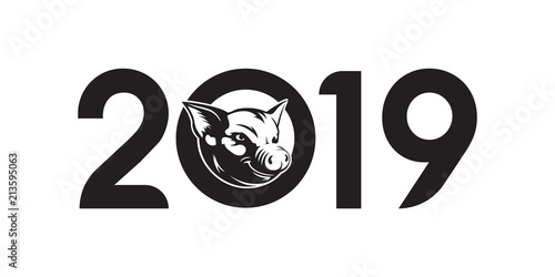 Cute Pork Zodiac Sign or pig silhouette vintage emblem or Chinese symbol of the 2019 Happy New Year isolated on white background. Can be used on greeting card or poster design, gift t-shirts and web