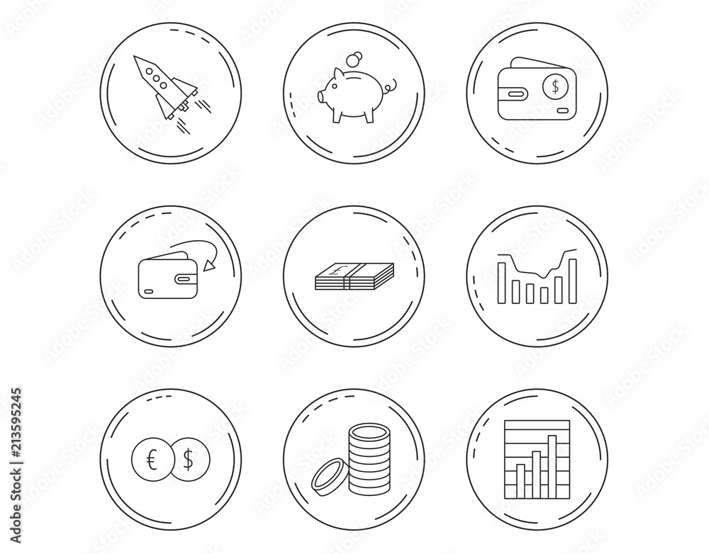 Piggy bank, cash money and startup rocket icons.