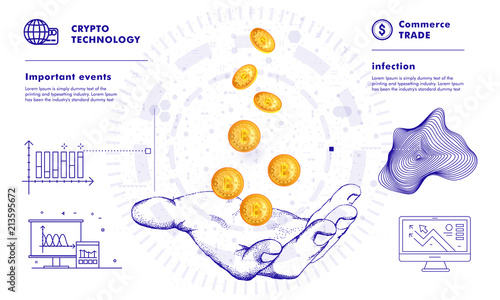 Crypto online commerce. Mining bitcoin technology on autonomic computing program and trade platform. Trendy design in awesome really style.