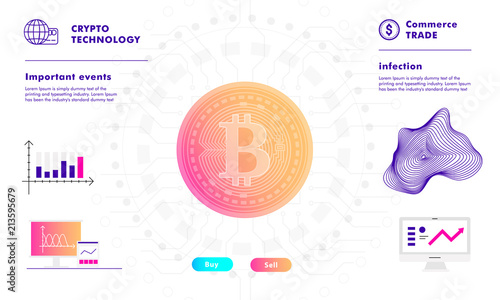 Crypto online commerce. Mining bitcoin technology on autonomic computing program and trade platform. Trendy design in awesome really style.
