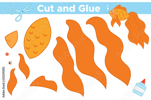 Educational paper game for children. Cut and glue beautiful golden fish. Activity worksheet. Vector illustration