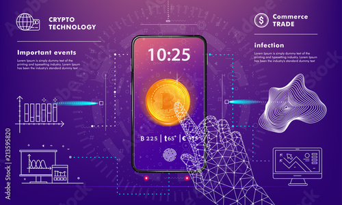Crypto online commerce. Mining bitcoin technology on autonomic computing program and trade platform. Trendy design in awesome really style.
