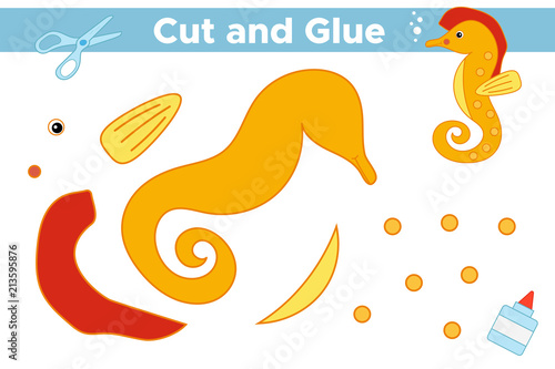 Educational paper game for preschool kids, cut and glue cartoon seahorse. Vector illustration.