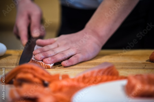 Handwork Slicing Fresh Salmon