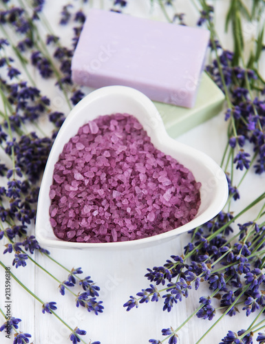 Heart-shaped bowl with sea salt  soap and fresh lavender flowers