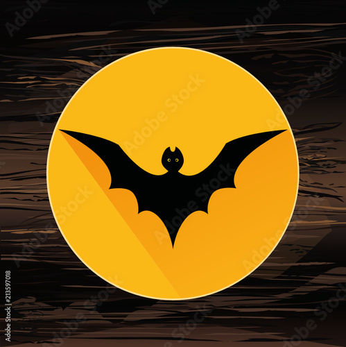 Halloween. The black silhouette of the bat is flying. Vector illustration on wooden background.