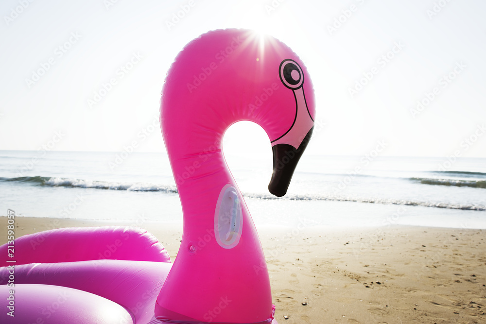 Obraz premium Closeup of pink flamingo inflatable swimming tube