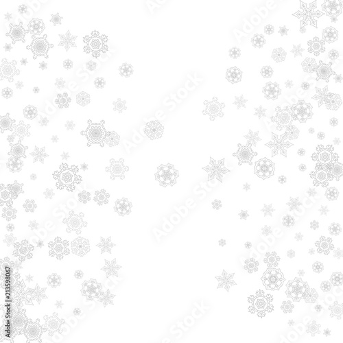 Snowflakes falling on white background. Merry Christmas and Happy New Year theme. Silver falling snowflakes for banners  gift cards  party invitations  partner compliments and special business offers.