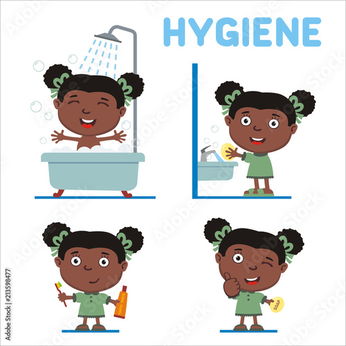 Set of little girl for rules of child hygiene: showering, washing hands, brushing her teeth.