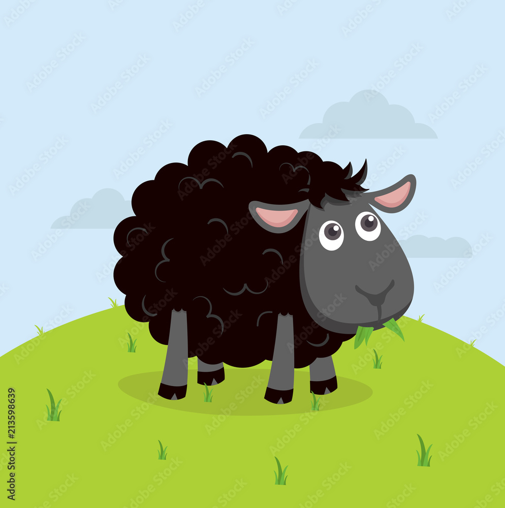 Fototapeta premium Śliczne czarne owce jedzą trawę kreskówki