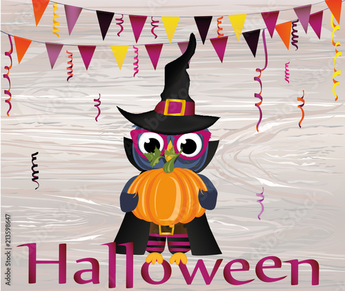 Halloween. Owl in a suit holds a pumpkin. Greeting card or invitation for a holiday. Empty place for your text or advertisement. Vector on wooden background. photo