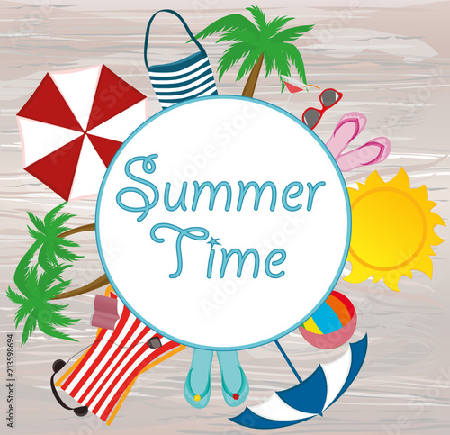 Summer beach accessories. Banner design with white circle for text. Vector on wooden background.