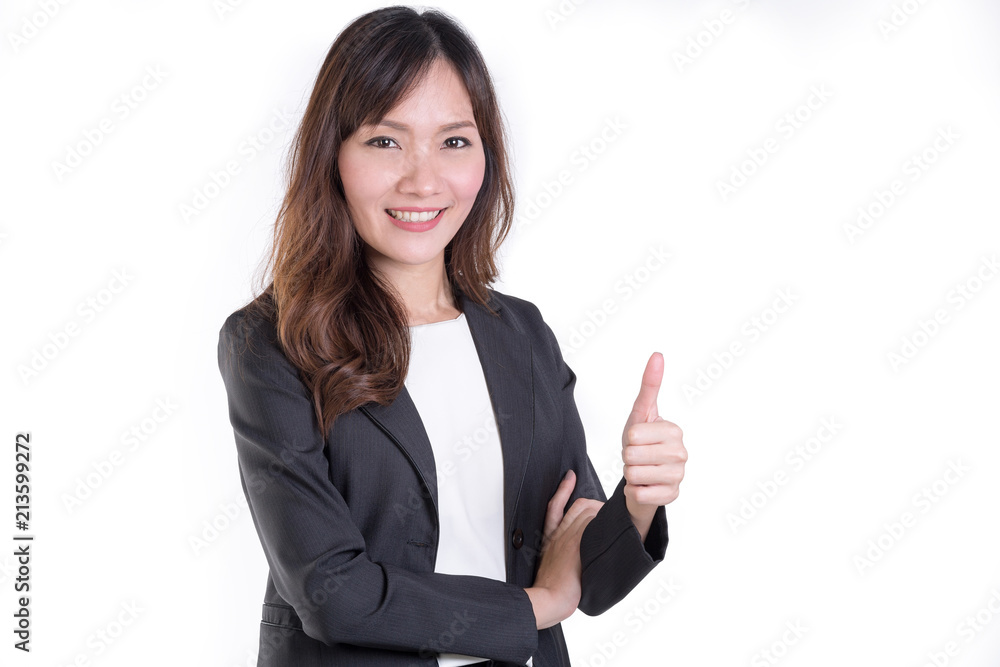 Smiling Business Woman Showing Thumb up Recommend the Product Isolated On White Background. Smiling Business Woman Showing Thumb up Recommend the Product Isolated On White Background.