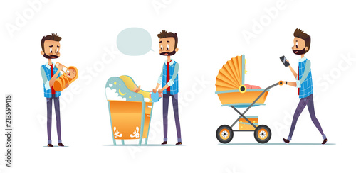 Collection of father taking care of child isolated on white background. Set of man feeding baby, changing diaper, carrying stroller. Super dad, modern fatherhood. Flat cartoon vector illustration.