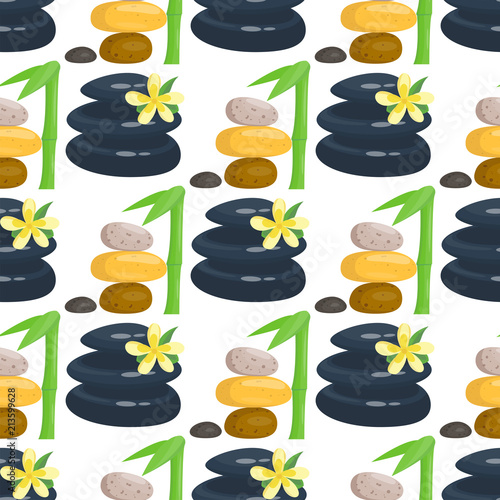 Pyramid from sea pebble relax heap stones healthy wellness black massage meditation natural tool spa seamless pattern background vector illustration.