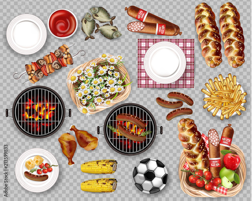 Food for Picnic bbq set collection isolated Vector. Meat  bread  fries  fish and plates