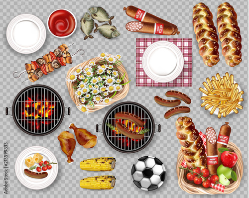 Food for Picnic bbq set collection isolated Vector. Meat, bread, fries, fish and plates