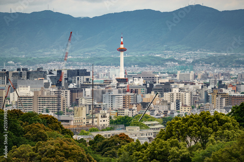 Kyoto city with tower and mountain range