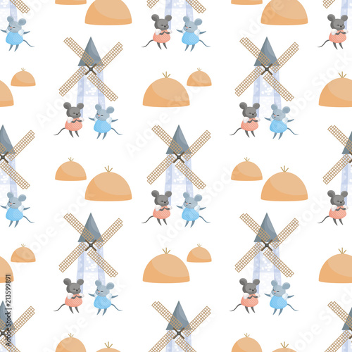 Full-color seamless pattern with the image of cute mouse in the wheat field. Vector background.