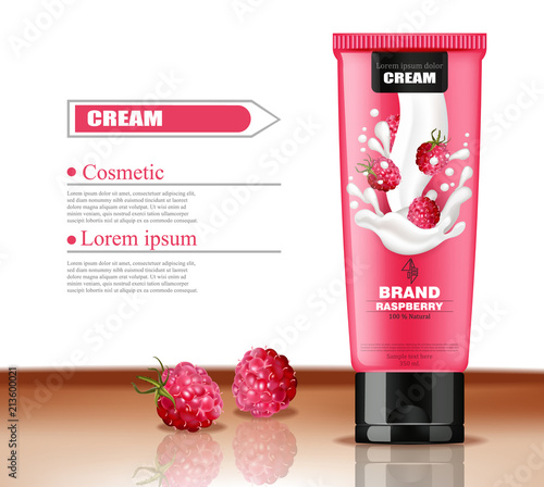 Raspberry cosmetics bottle Vector realistic. Hand cream container mock up. Product packaging design 3d illustrations