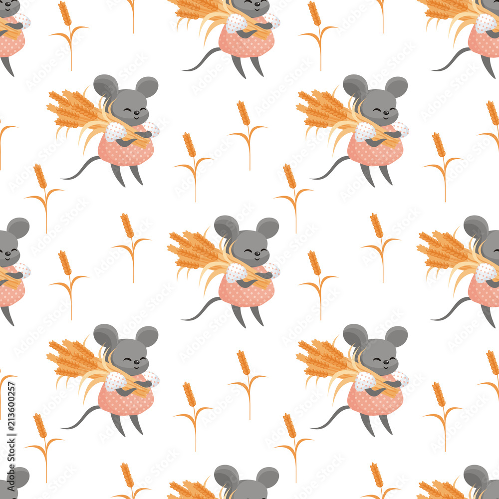 Full-color seamless pattern with the image of cute mouse in the wheat field. Vector background. Full-color seamless pattern with the image of cute mouse in the wheat field. Vector background.