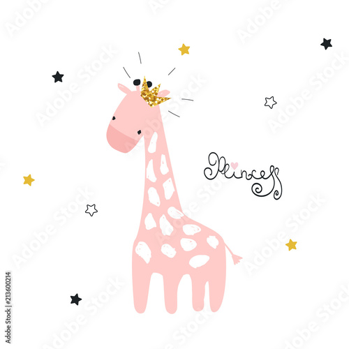 Pink giraffe princess with gold glitter crown and lettering. Vector hand drawn illustration.