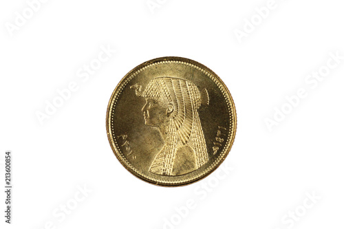 A macro image of a fifty piastre coin from Egypt isolated on a white background
