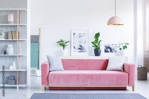 Pillows on pink couch under lamp in bright living room interior with posters and plants. Real photo