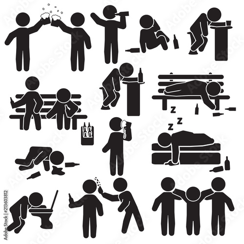Alcoholism, party and people drinking icon set. Vector.