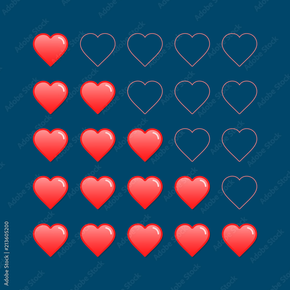 Five heart rating illustration. Vector Customer review, rating, quality and level concept