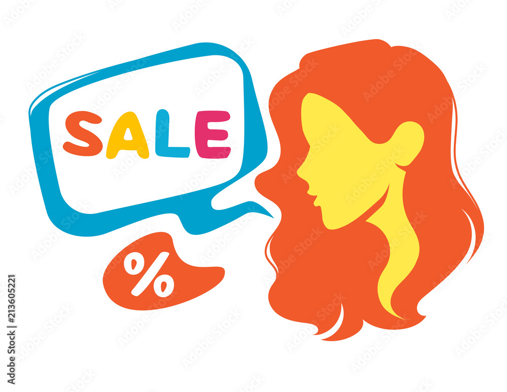 Fototapeta premium Vector flat style design of a woman face with speech bubble. Design of icon for website and print. Concept for season sales and advertising. Colorful template's elements for flyer and offer