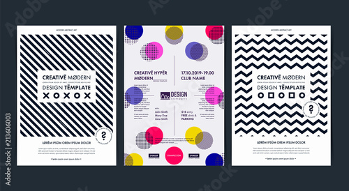 Set of Flyer templates with geometric shapes and patterns, 80s memphis geometric style. Vector illustrations.