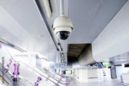 CCTV security camera operating in home. Image of CCTV security camera on background. CCTV ball on safe ground. 