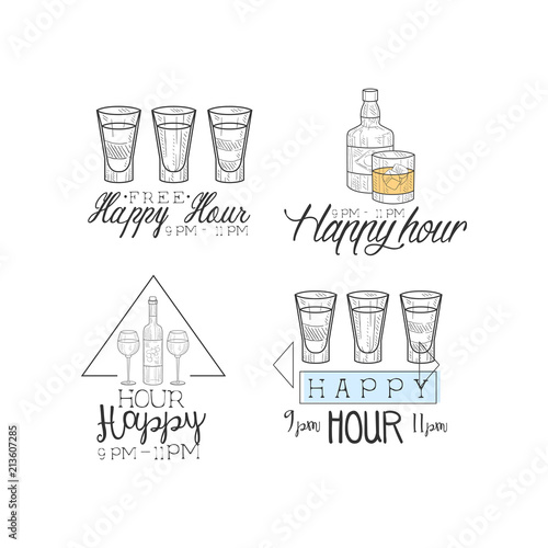 Hand drawn vector signs for cocktail bar or cafe. Original sketch style emblems with alcoholic beverages. Free drinks, happy hour