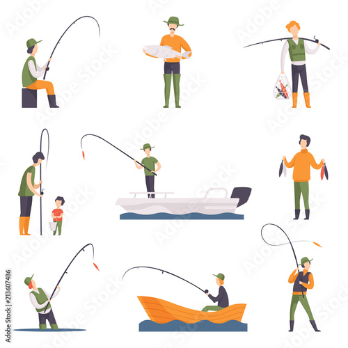 Flat vector set of fishing people with fish and equipment. Fishermen in boats with fishing rods. Outdoor activity