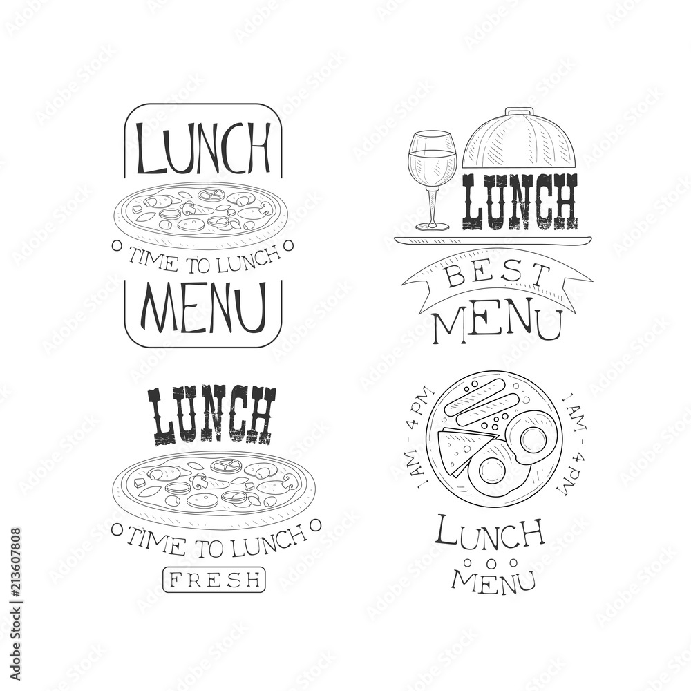 Vector set of hand drawn lunch logos. Fresh and tasty food. Monochrome emblems with delicious pizza, fried eggs with sausages