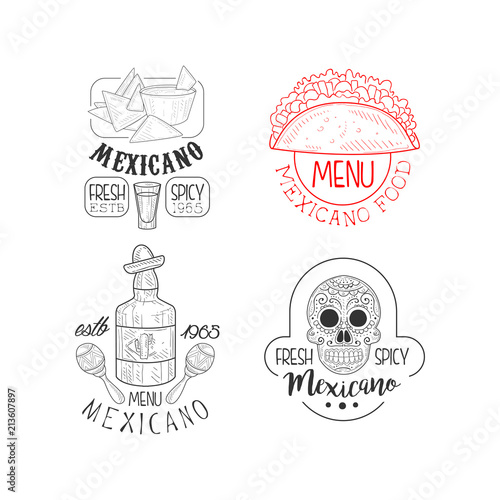 Set of monochrome Mexican logos. Sketch style emblems with nachos and tacos, tequila and skull. Vector for restaurant menu