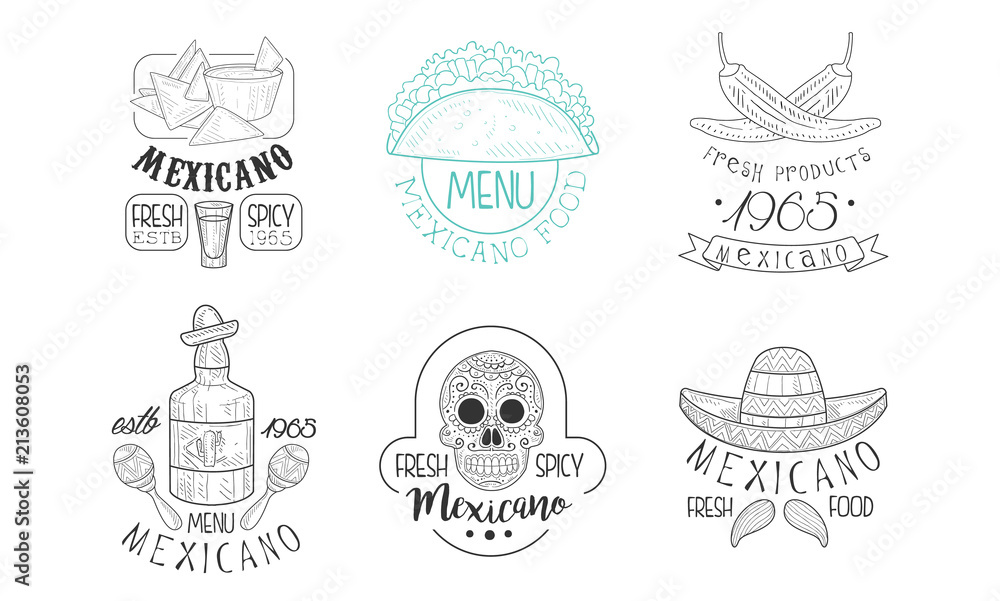 Vectoe set of sketch emblems for Mexican restaurant. Hand drawn logos with traditional food and drink, skull and sombrero hat with mustache Vectoe set of sketch emblems for Mexican restaurant. Hand drawn logos with traditional food and drink, skull and sombrero hat with mustache