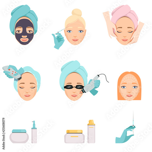 Types of procedures for facial rejuvenation and products for face care. Cosmetology and beauty industry theme. Flat vector icons