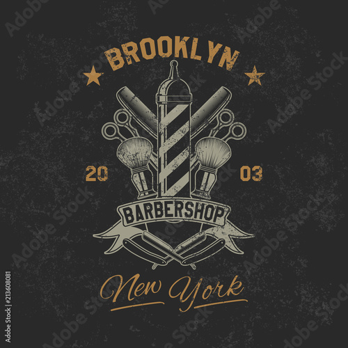 Vintage barbershop old grunge effect tee print vector design illustration. Premium quality superior retro car logo concept. T-shirt emblem, cloth branding or advertising.