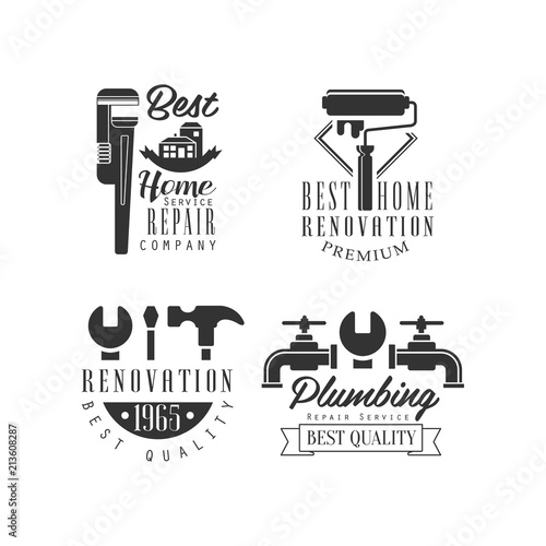 Logos for plumbing and repairing services. Home renovation company. Monochrome vector emblems with tools, water taps and text