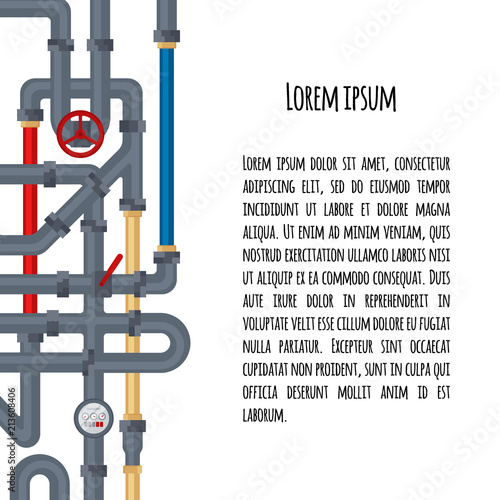 Background with tubes and pipelines on white and place for your text. Flat elements of water tubing. Plumbing fo gas, oil industry. Vector illustration in flat style