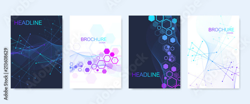 Business vector templates for brochure, cover, flyer, annual report, leaflet. Abstract composition with molecule structure, dots, lines. Wave flow. Science, medicine, technology background.